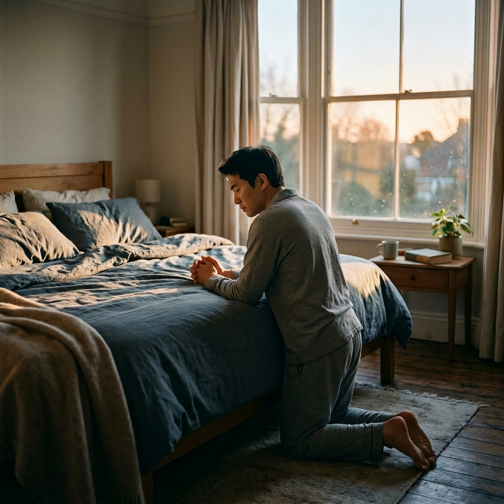 Man kneeling by bed with hands clasped in a sunlit bedroom