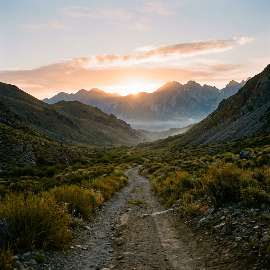 Dirt trail through mountain valley with sunrise behind peaks