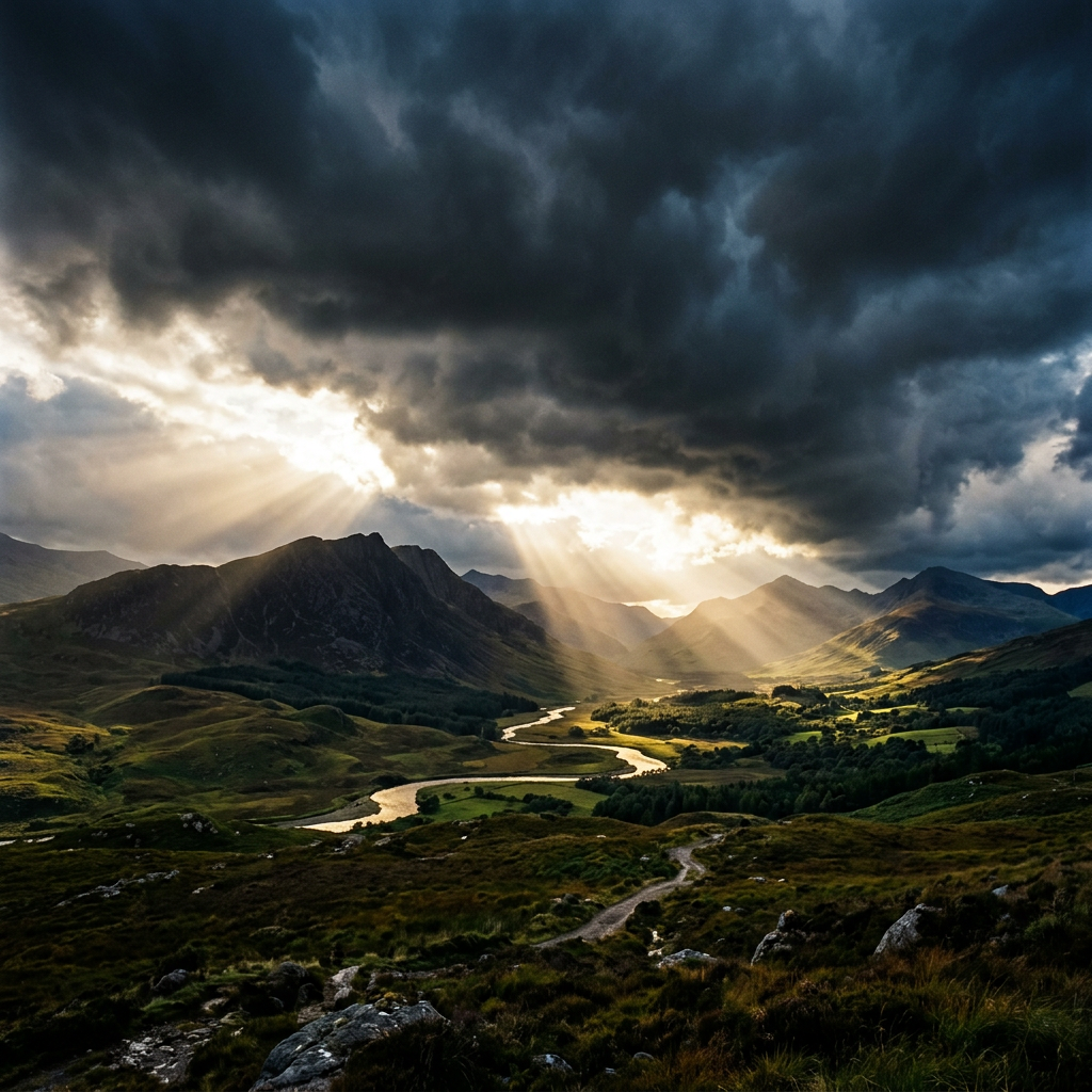 Sun rays breaking through heavy dark clouds over a green valley with a winding river