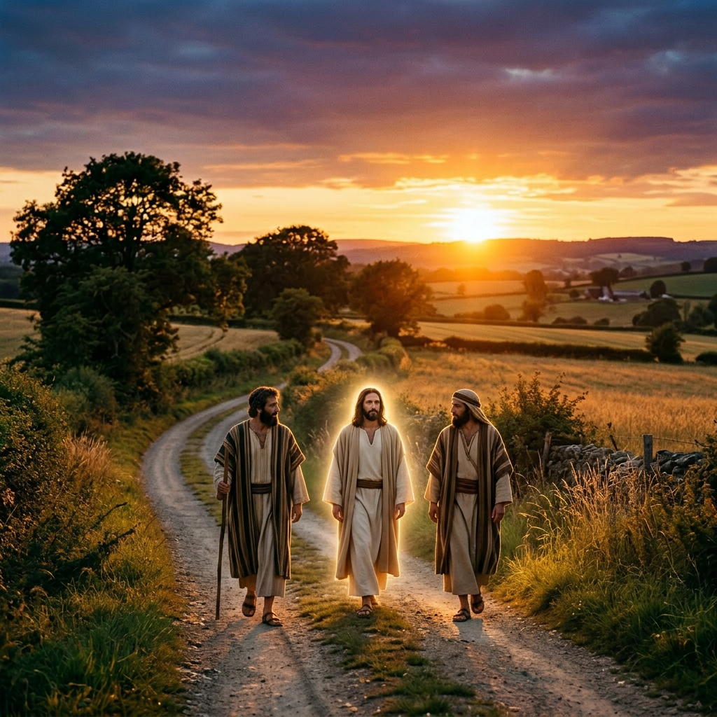 Three hikers walking on a dirt path during sunset with one glowing, ethereal figure beside them