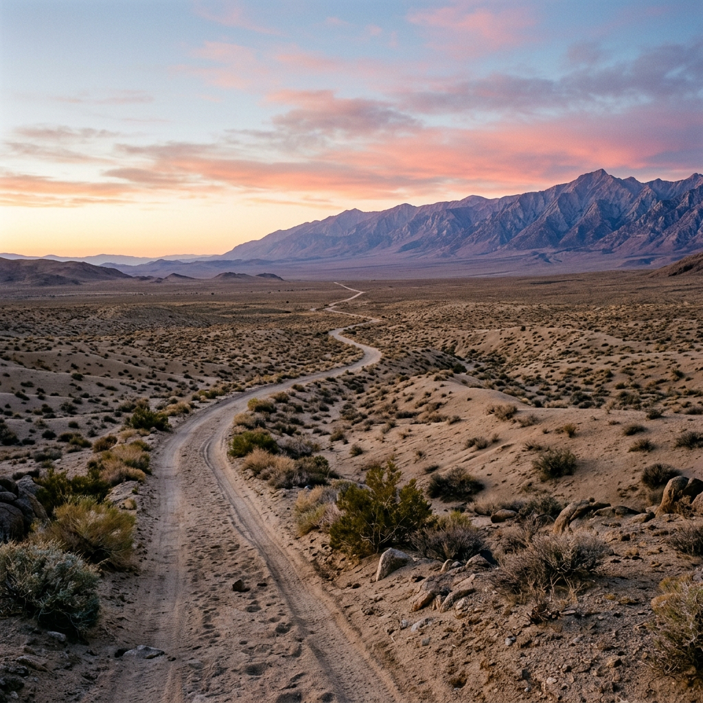 Winding dirt road through desert with sparse vegetation and mountain range in the distance at sunset