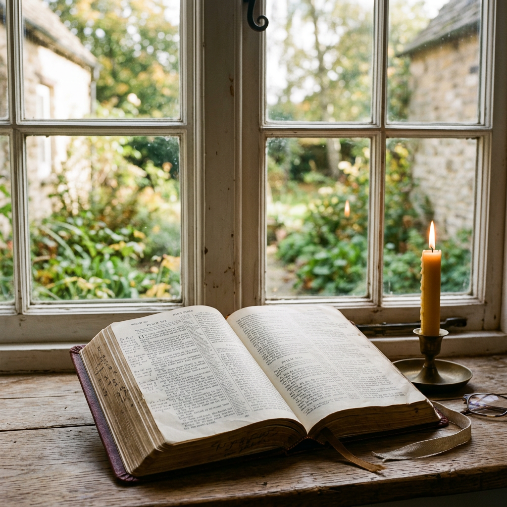 Open Bible displaying Psalm 132 on a wooden windowsill with a lit candle beside it.