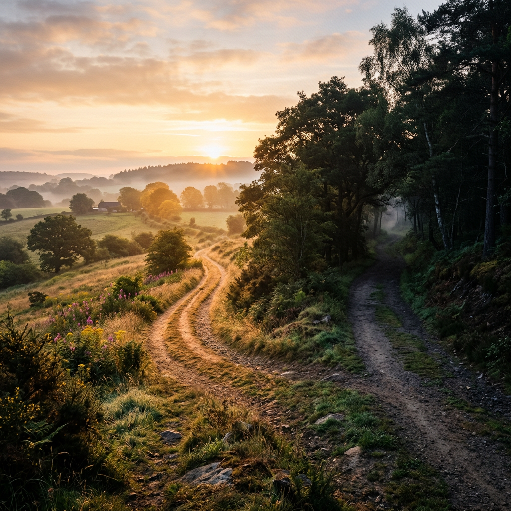 Two diverging dirt paths in a countryside landscape at sunrise with mist and trees