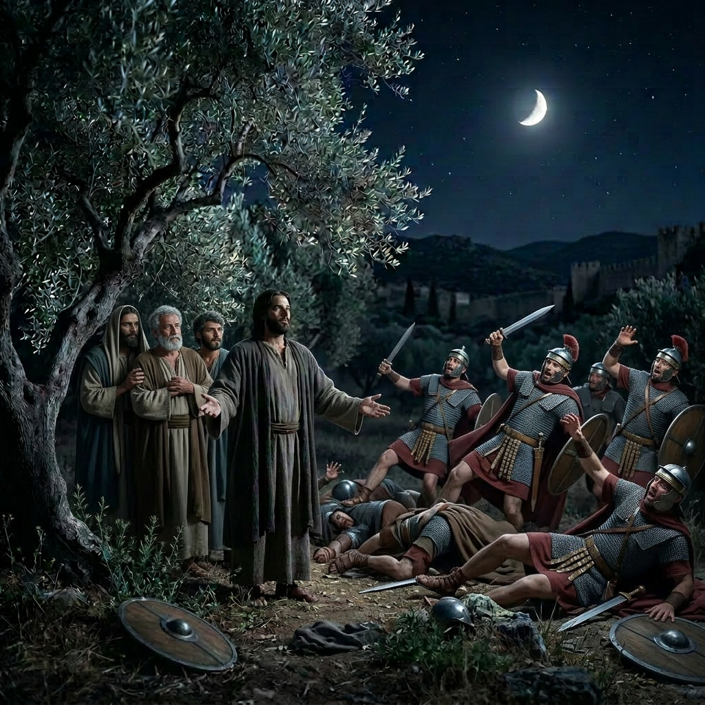 A man in a dark robe standing under an olive tree at night as soldiers walk down a dirt path away from him under a crescent moon