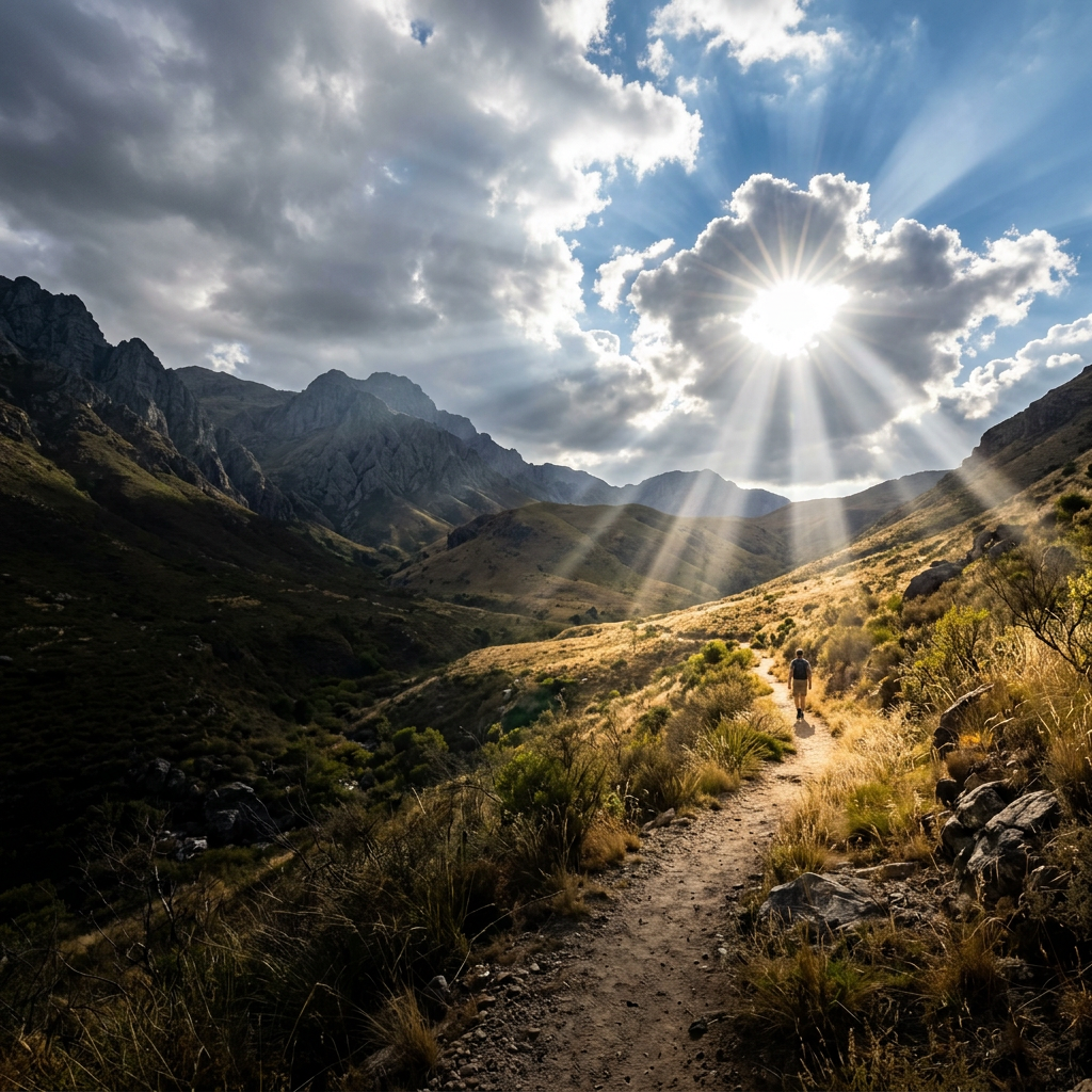 A hiker walking on a mountain trail with sun rays breaking through clouds