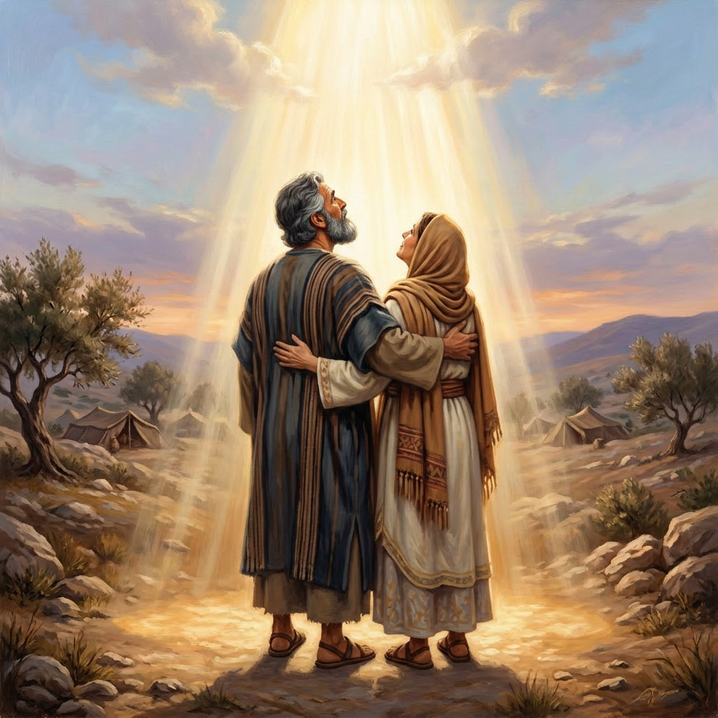 Man and woman embracing under heavenly light rays outdoors