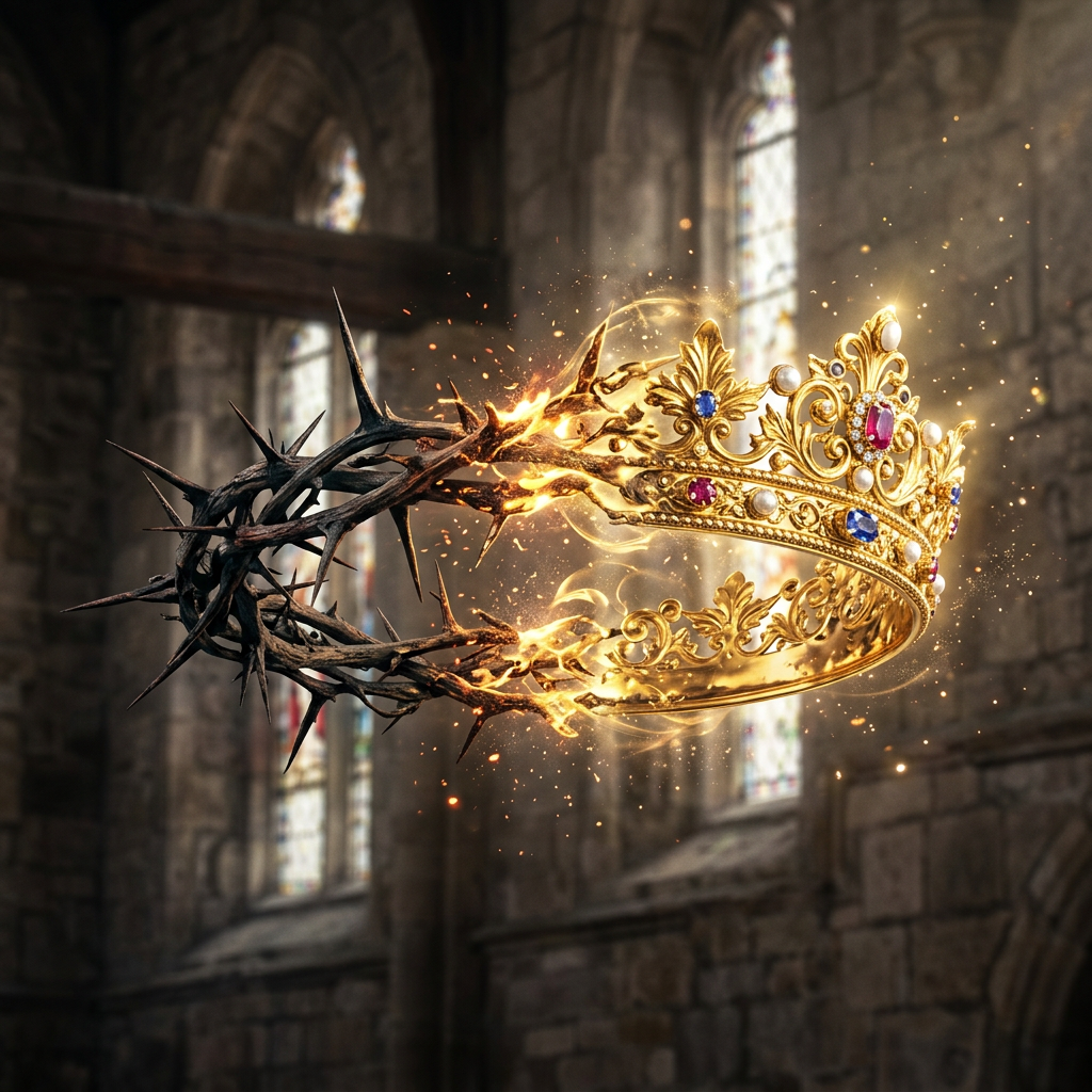 Thorny crown intertwined with glowing gold jeweled crown in cathedral