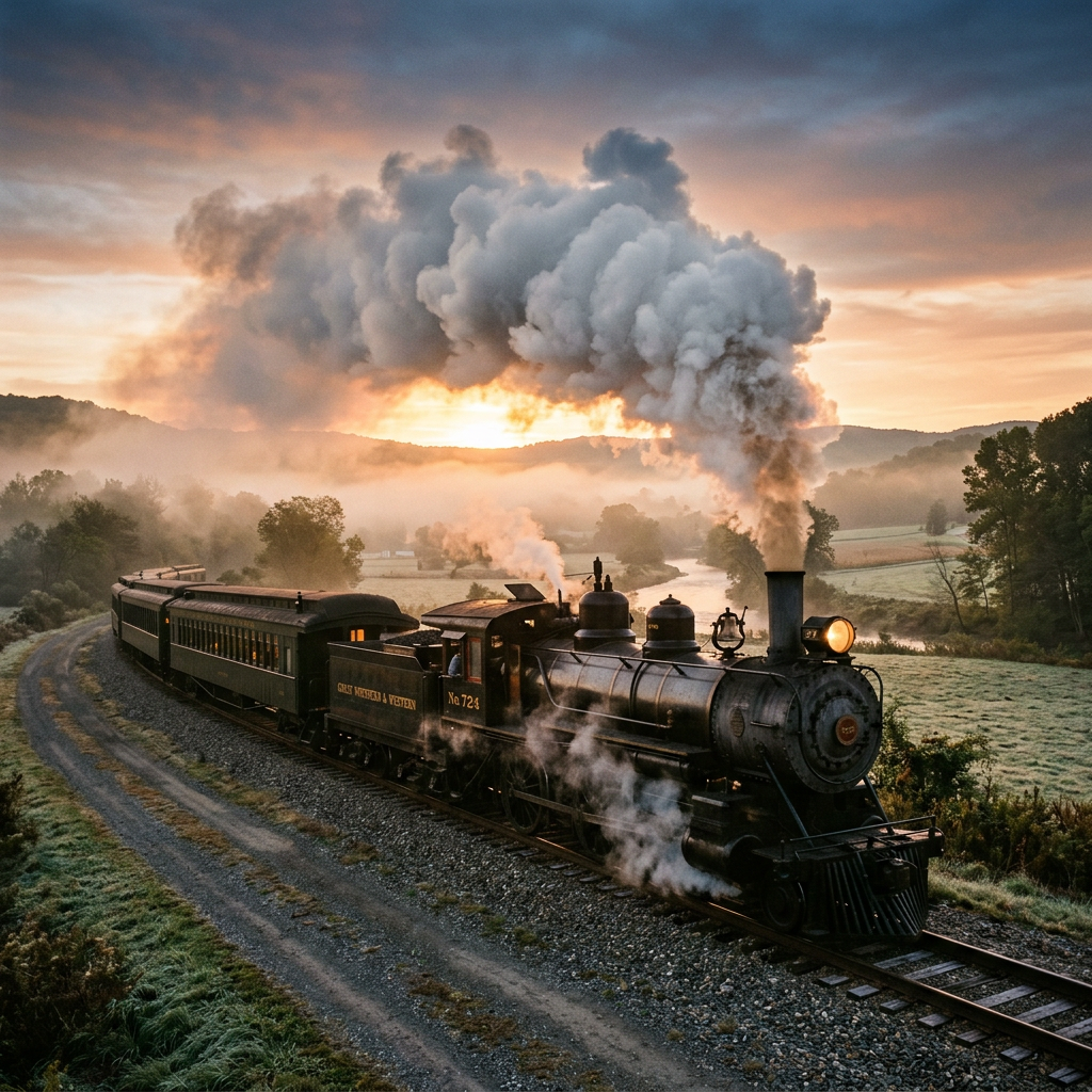 Vintage steam train with smoke billowing passing through rural landscape at sunrise