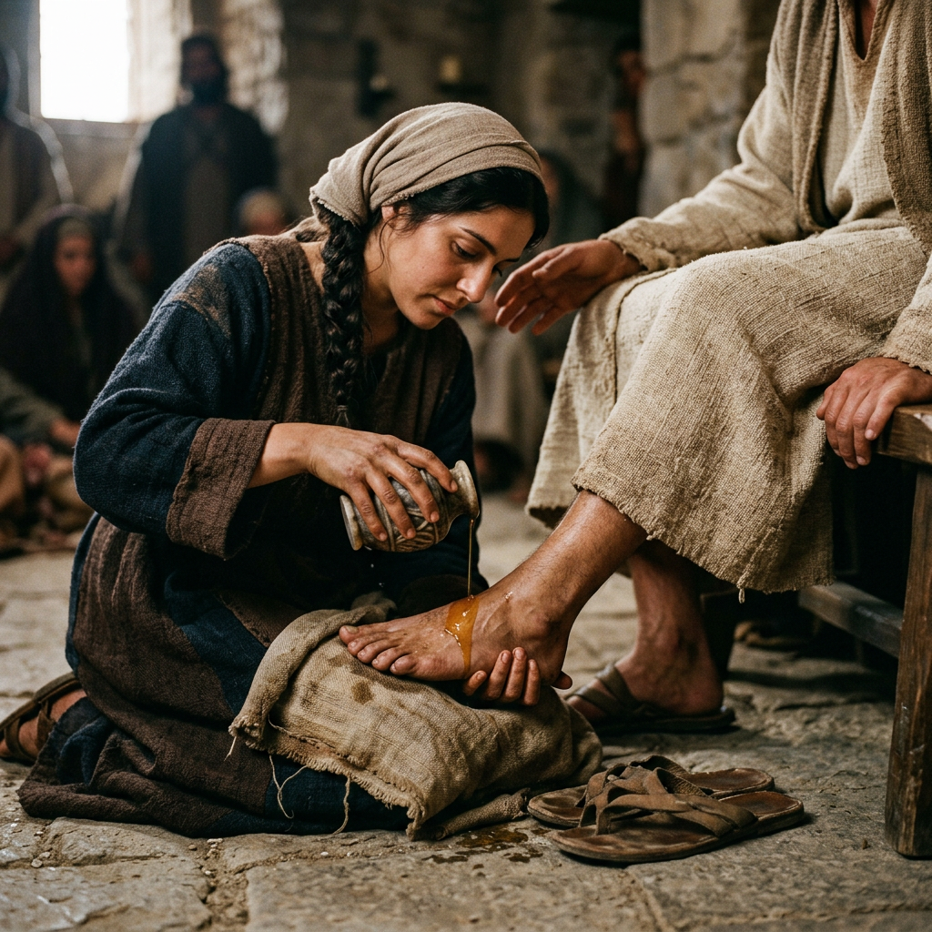 Close-up Mary anointing Jesus' feet with oil