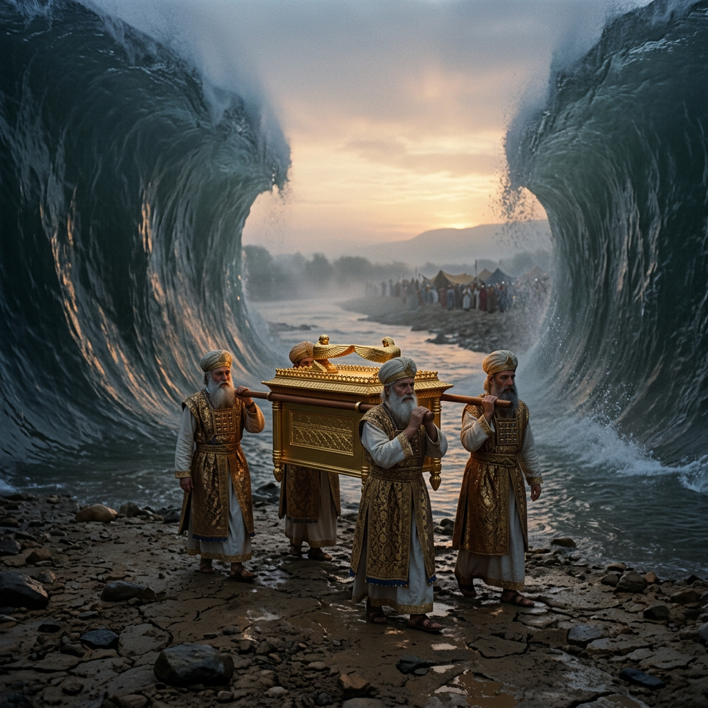Four men in robes carrying a golden ark between parted ocean waves at sunset