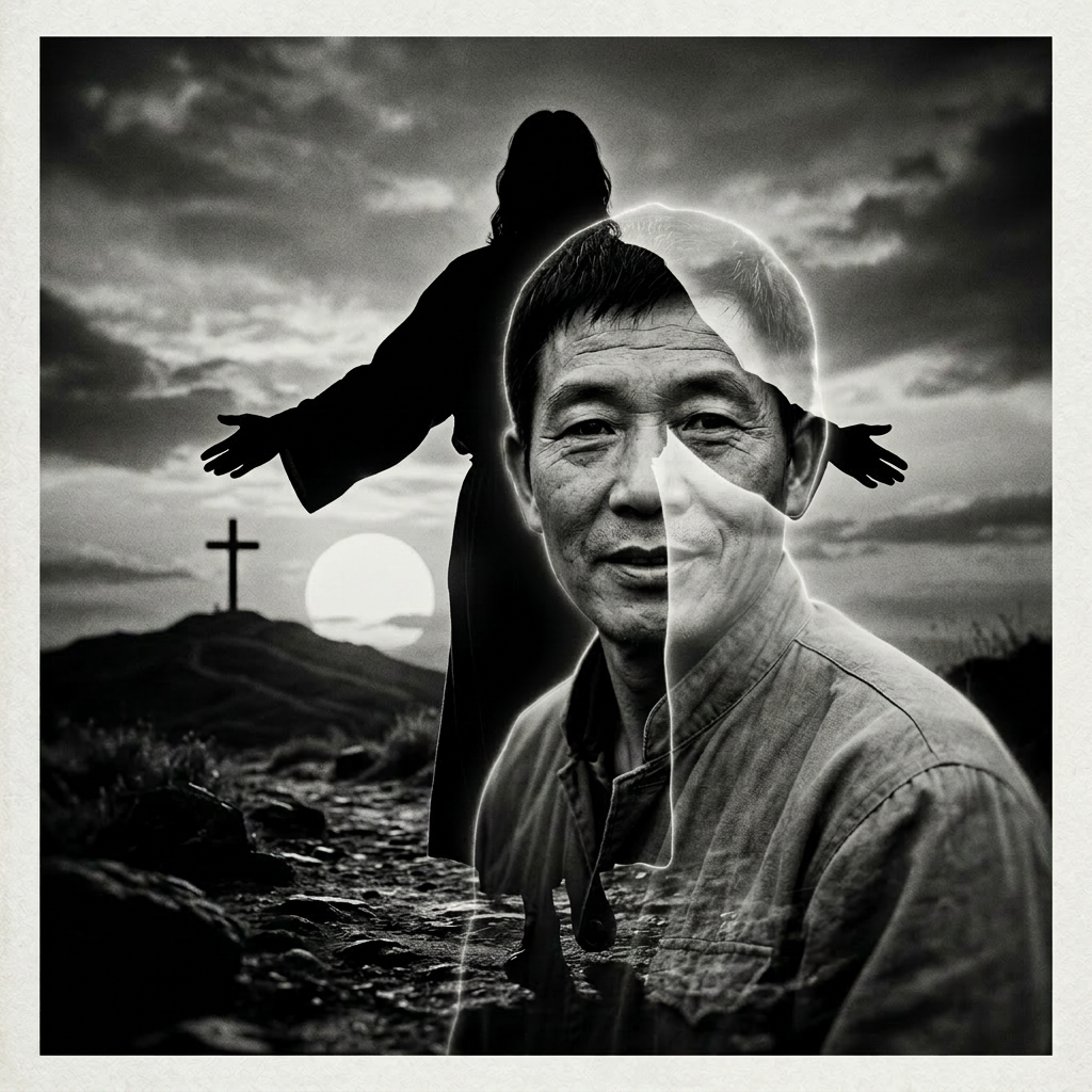 Double exposure showing a man's face merging with a silhouette of Jesus with outstretched arms, a cross on a hill, and a setting sun.