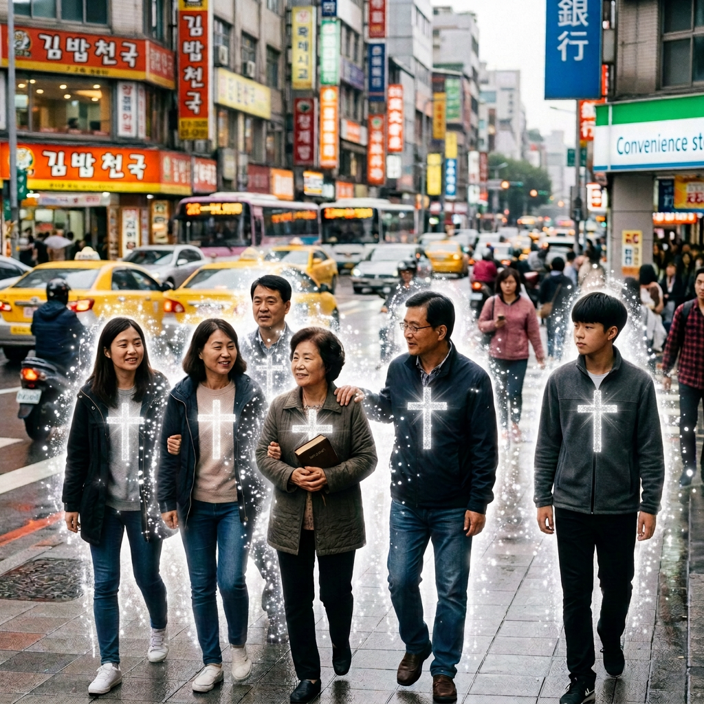 Five people walking through a busy Korean city street with glowing crosses